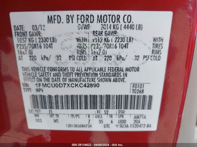 Photo 8 VIN: 1FMCU0D7XCKC42890 - FORD ESCAPE 