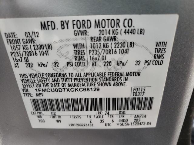 Photo 12 VIN: 1FMCU0D7XCKC68129 - FORD ESCAPE XLT 