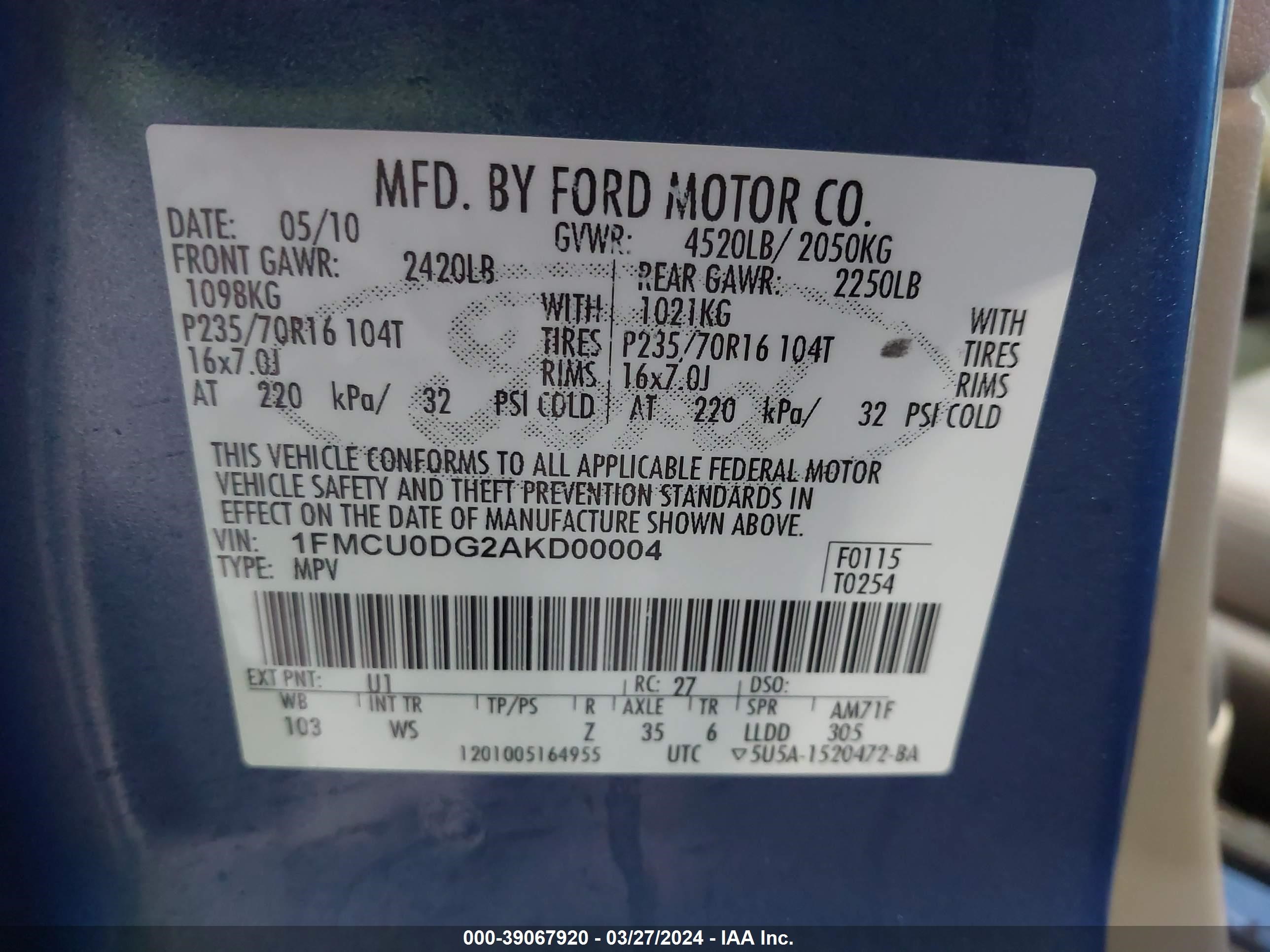 Photo 8 VIN: 1FMCU0DG2AKD00004 - FORD ESCAPE 