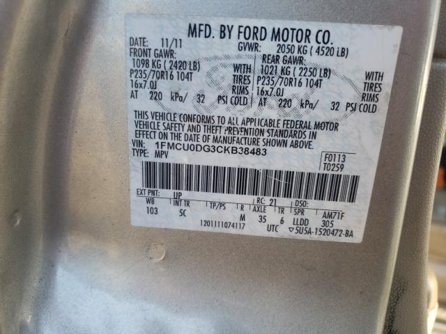 Photo 9 VIN: 1FMCU0DG3CKB38483 - FORD ESCAPE XLT 