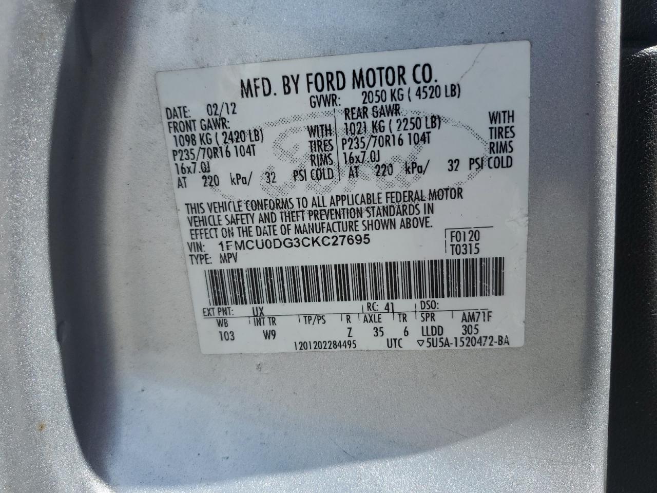 Photo 12 VIN: 1FMCU0DG3CKC27695 - FORD ESCAPE 