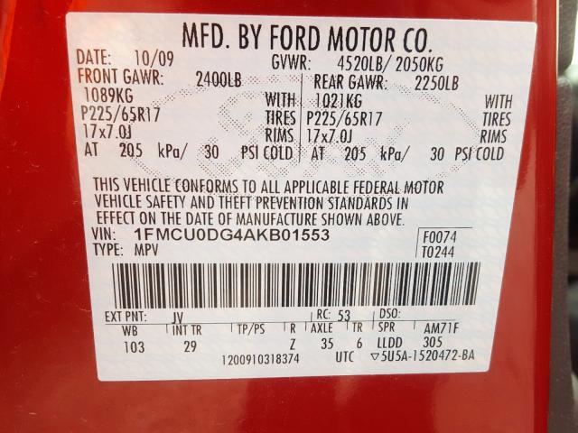 Photo 9 VIN: 1FMCU0DG4AKB01553 - FORD ESCAPE XLT 