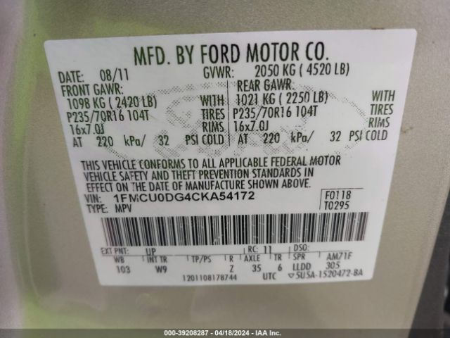 Photo 8 VIN: 1FMCU0DG4CKA54172 - FORD ESCAPE 