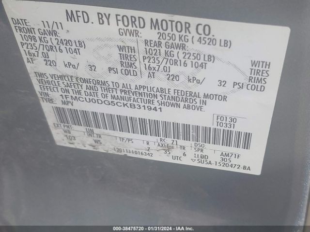 Photo 8 VIN: 1FMCU0DG5CKB31941 - FORD ESCAPE 