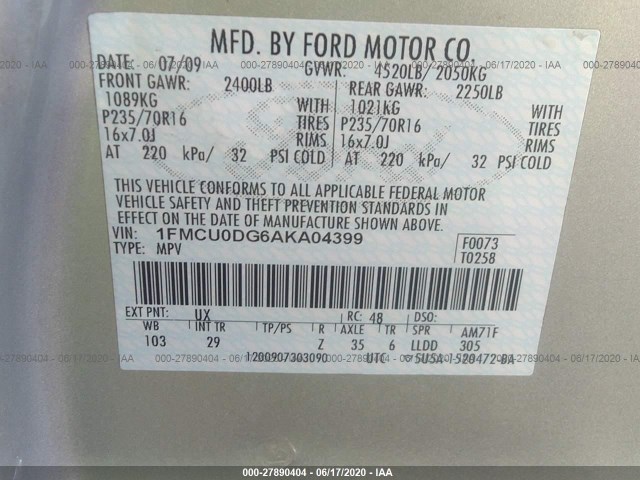 Photo 8 VIN: 1FMCU0DG6AKA04399 - FORD ESCAPE 