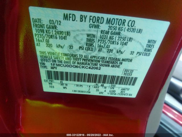 Photo 8 VIN: 1FMCU0DG6CKC42062 - FORD ESCAPE 