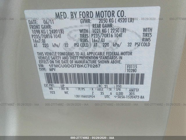 Photo 8 VIN: 1FMCU0DG7BKC70287 - FORD ESCAPE 