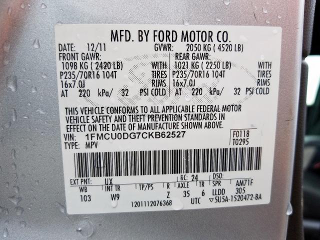 Photo 9 VIN: 1FMCU0DG7CKB62527 - FORD ESCAPE XLT 