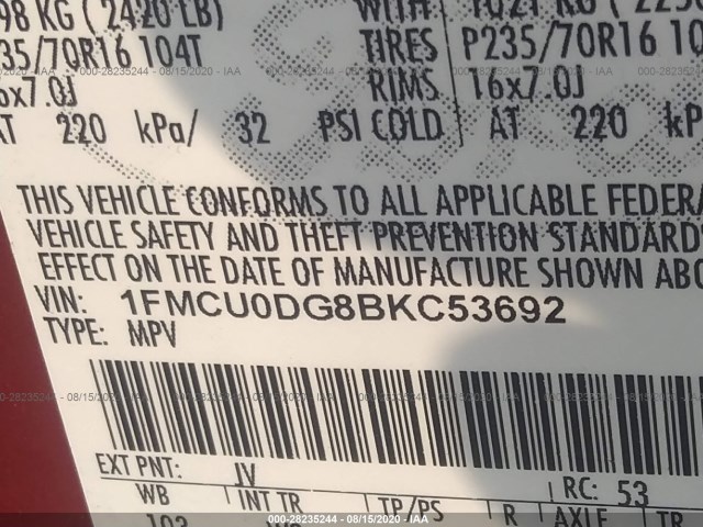 Photo 8 VIN: 1FMCU0DG8BKC53692 - FORD ESCAPE XLT 