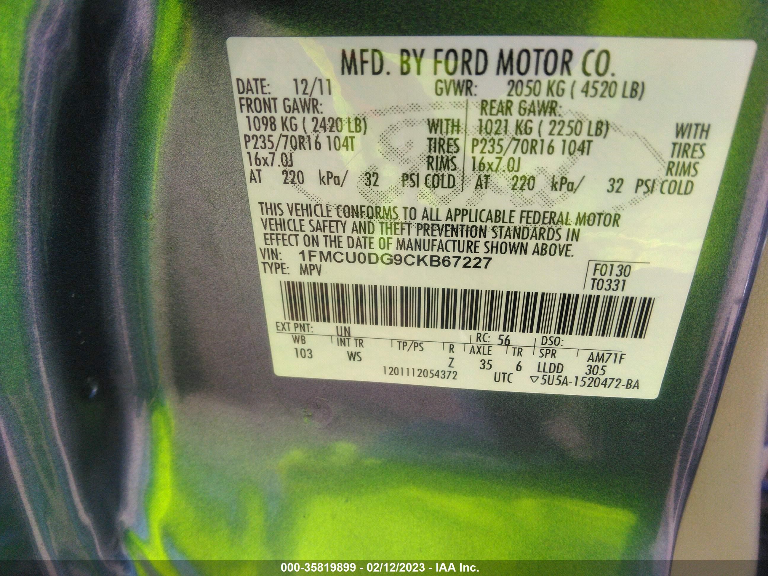 Photo 8 VIN: 1FMCU0DG9CKB67227 - FORD ESCAPE 