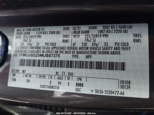 Photo 8 VIN: 1FMCU0DZ0MUB07375 - FORD ESCAPE 