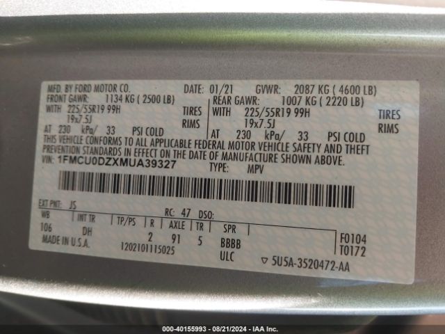 Photo 8 VIN: 1FMCU0DZXMUA39327 - FORD ESCAPE 