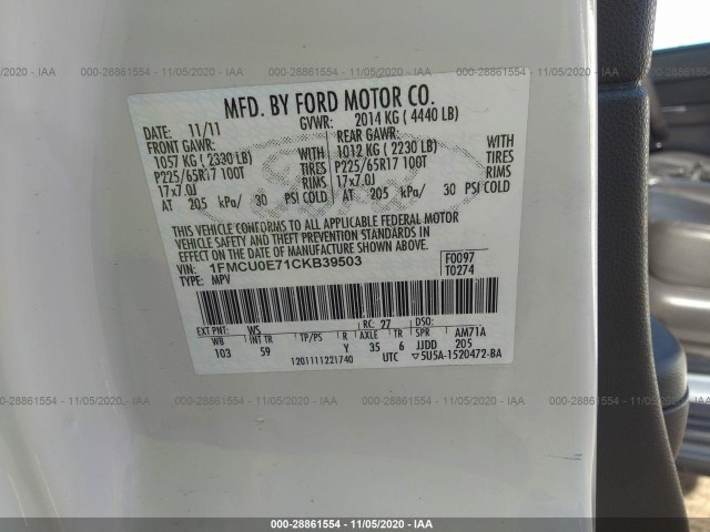 Photo 8 VIN: 1FMCU0E71CKB39503 - FORD ESCAPE 