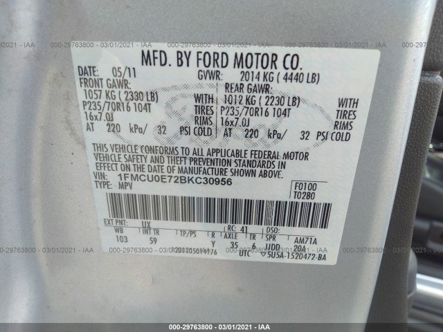 Photo 8 VIN: 1FMCU0E72BKC30956 - FORD ESCAPE 