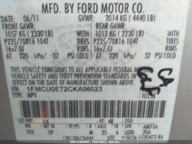 Photo 8 VIN: 1FMCU0E72CKA06023 - FORD ESCAPE 