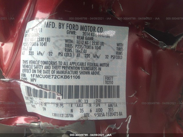 Photo 8 VIN: 1FMCU0E72CKB61106 - FORD ESCAPE 