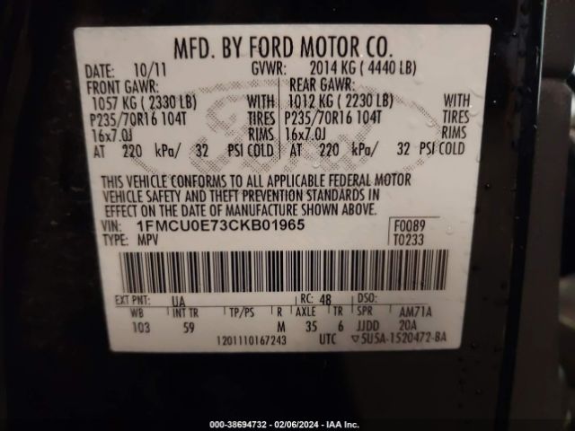 Photo 8 VIN: 1FMCU0E73CKB01965 - FORD ESCAPE 