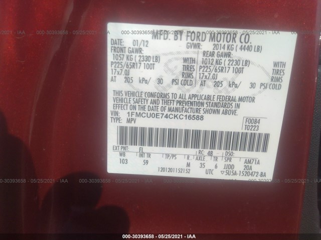 Photo 8 VIN: 1FMCU0E74CKC16588 - FORD ESCAPE 