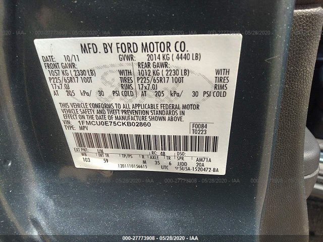 Photo 8 VIN: 1FMCU0E75CKB02860 - FORD ESCAPE 