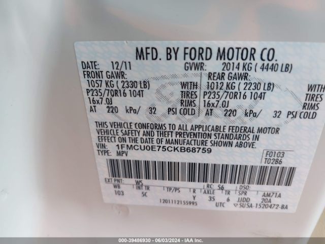 Photo 8 VIN: 1FMCU0E75CKB68759 - FORD ESCAPE 