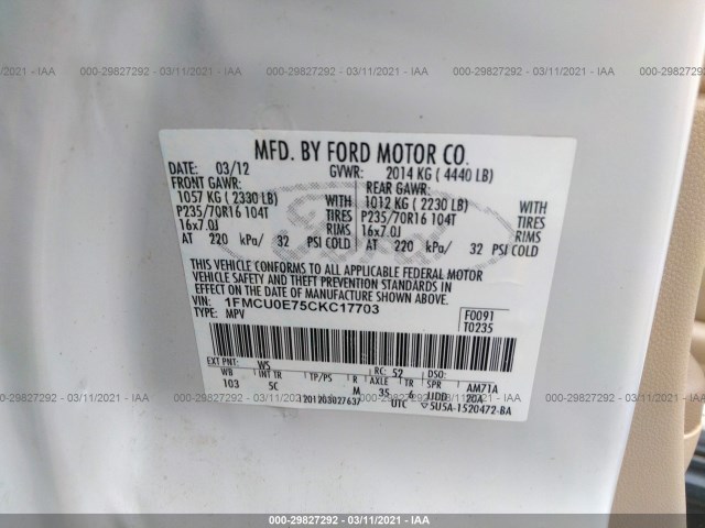 Photo 8 VIN: 1FMCU0E75CKC17703 - FORD ESCAPE 