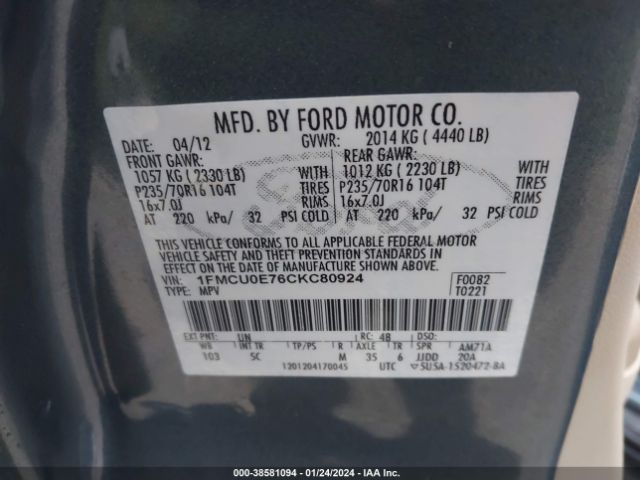 Photo 8 VIN: 1FMCU0E76CKC80924 - FORD ESCAPE 