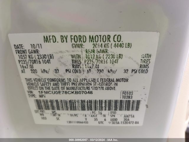 Photo 8 VIN: 1FMCU0E78CKB07048 - FORD ESCAPE 