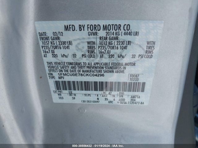 Photo 8 VIN: 1FMCU0E78CKC04296 - FORD ESCAPE 