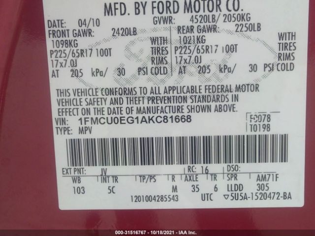 Photo 8 VIN: 1FMCU0EG1AKC81668 - FORD ESCAPE 