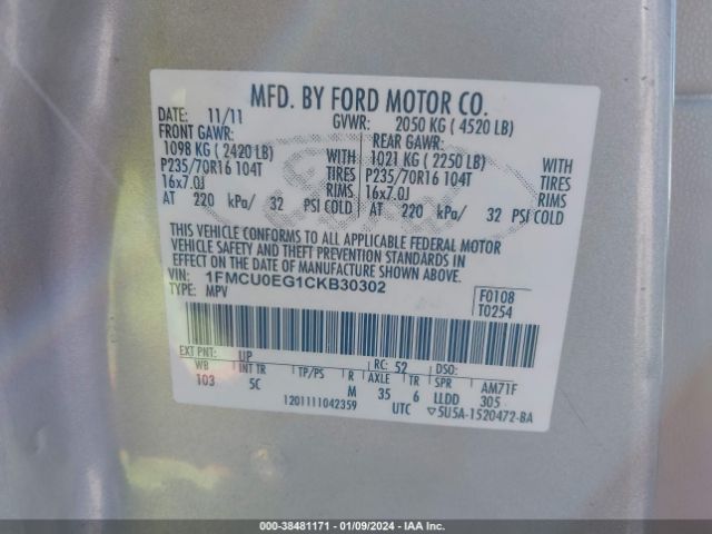 Photo 8 VIN: 1FMCU0EG1CKB30302 - FORD ESCAPE 