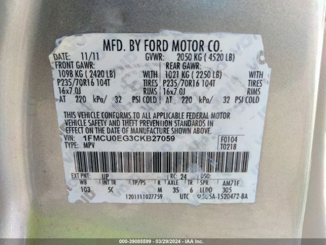 Photo 8 VIN: 1FMCU0EG3CKB27059 - FORD ESCAPE 