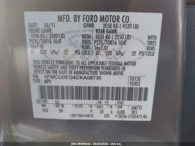 Photo 8 VIN: 1FMCU0EG4CKA08730 - FORD ESCAPE 