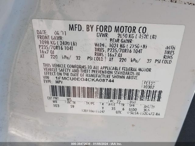 Photo 8 VIN: 1FMCU0EG4CKA08744 - FORD ESCAPE 