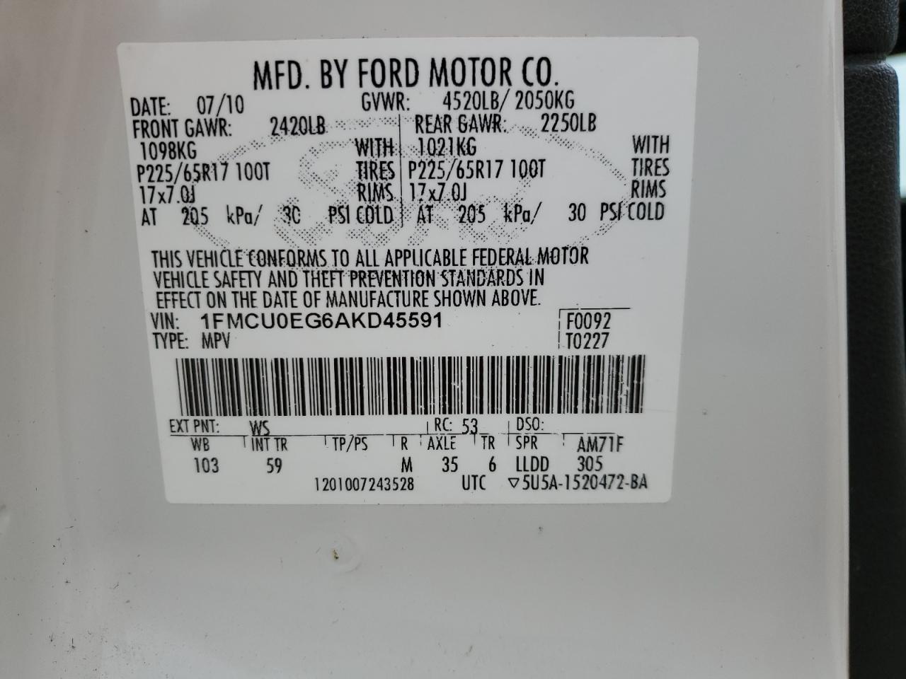 Photo 12 VIN: 1FMCU0EG6AKD45591 - FORD ESCAPE 