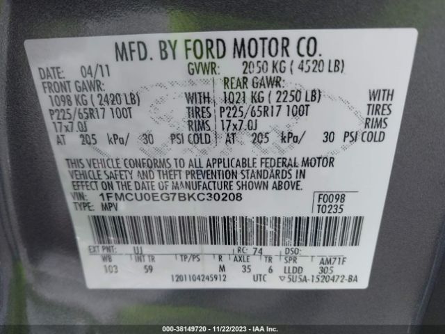 Photo 8 VIN: 1FMCU0EG7BKC30208 - FORD ESCAPE 