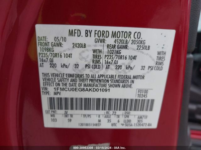 Photo 8 VIN: 1FMCU0EG8AKD01091 - FORD ESCAPE 