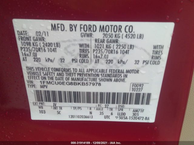 Photo 8 VIN: 1FMCU0EG8BKB57978 - FORD ESCAPE 