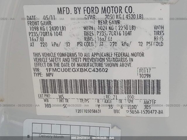 Photo 8 VIN: 1FMCU0EGXBKC43602 - FORD ESCAPE 