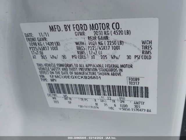 Photo 8 VIN: 1FMCU0EGXCKB26801 - FORD ESCAPE 