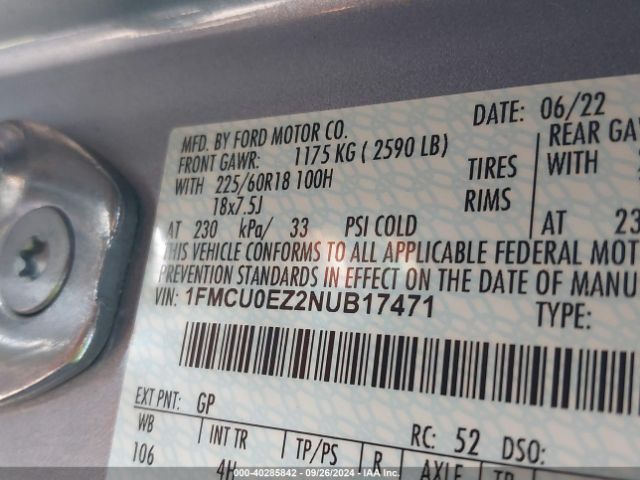 Photo 8 VIN: 1FMCU0EZ2NUB17471 - FORD ESCAPE 