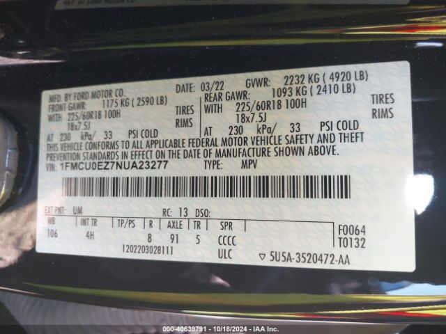 Photo 8 VIN: 1FMCU0EZ7NUA23277 - FORD ESCAPE 