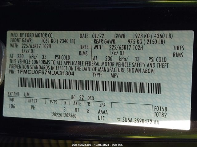 Photo 8 VIN: 1FMCU0F67NUA31304 - FORD ESCAPE 