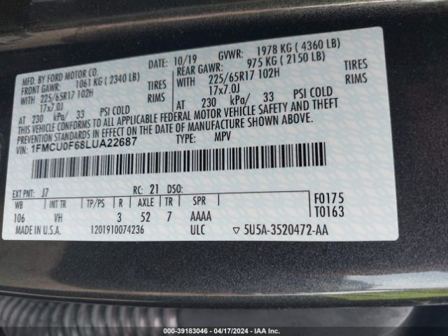 Photo 8 VIN: 1FMCU0F68LUA22687 - FORD ESCAPE 