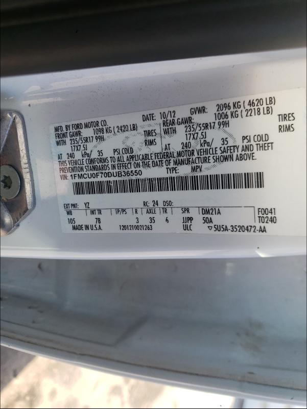 Photo 9 VIN: 1FMCU0F70DUB36550 - FORD ESCAPE S 