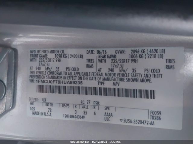 Photo 8 VIN: 1FMCU0F70HUA89235 - FORD ESCAPE 