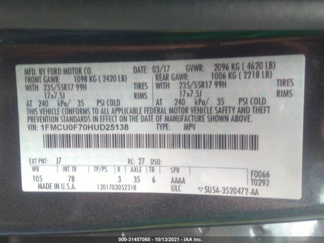 Photo 8 VIN: 1FMCU0F70HUD25138 - FORD ESCAPE 