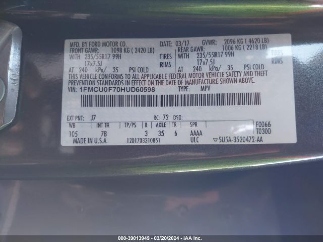 Photo 8 VIN: 1FMCU0F70HUD60598 - FORD ESCAPE 