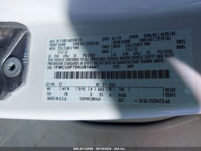 Photo 8 VIN: 1FMCU0F70KUB14447 - FORD ESCAPE 