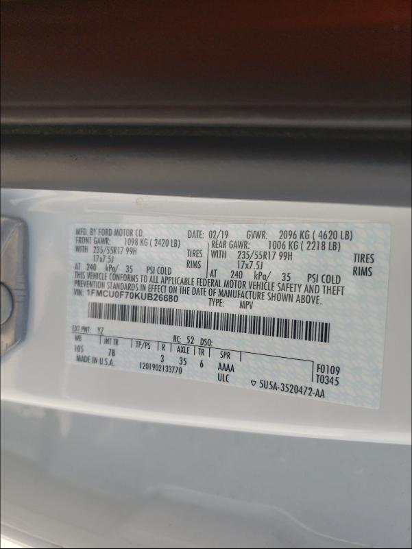 Photo 9 VIN: 1FMCU0F70KUB26680 - FORD ESCAPE S 