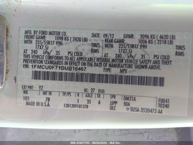 Photo 8 VIN: 1FMCU0F71DUB16467 - FORD ESCAPE 